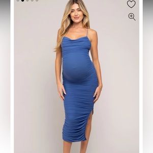 Pink Blush Blue Mesh Ruched Maternity Side Slit Midi Dress